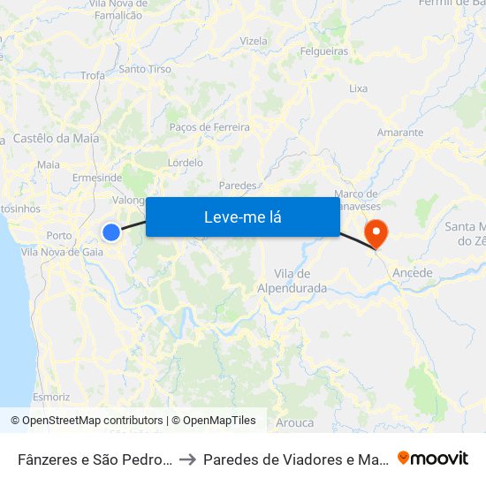 Fânzeres e São Pedro da Cova to Paredes de Viadores e Manhuncelos map