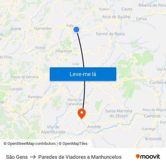 São Gens to Paredes de Viadores e Manhuncelos map