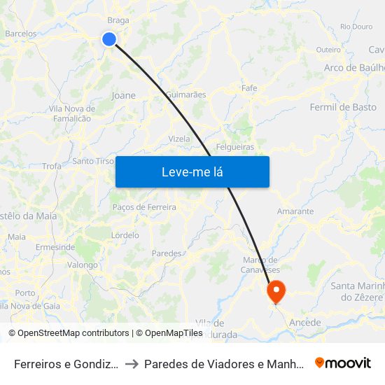 Ferreiros e Gondizalves to Paredes de Viadores e Manhuncelos map