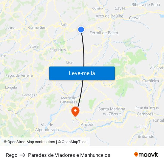 Rego to Paredes de Viadores e Manhuncelos map