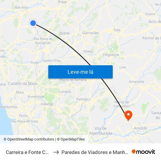 Carreira e Fonte Coberta to Paredes de Viadores e Manhuncelos map