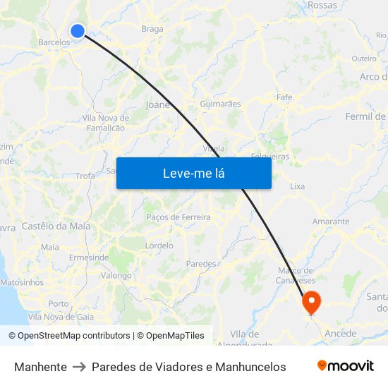 Manhente to Paredes de Viadores e Manhuncelos map