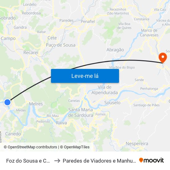 Foz do Sousa e Covelo to Paredes de Viadores e Manhuncelos map