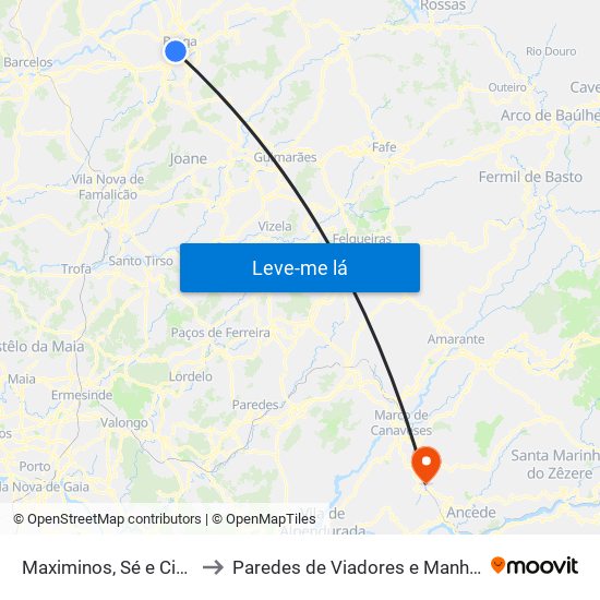 Maximinos, Sé e Cividade to Paredes de Viadores e Manhuncelos map