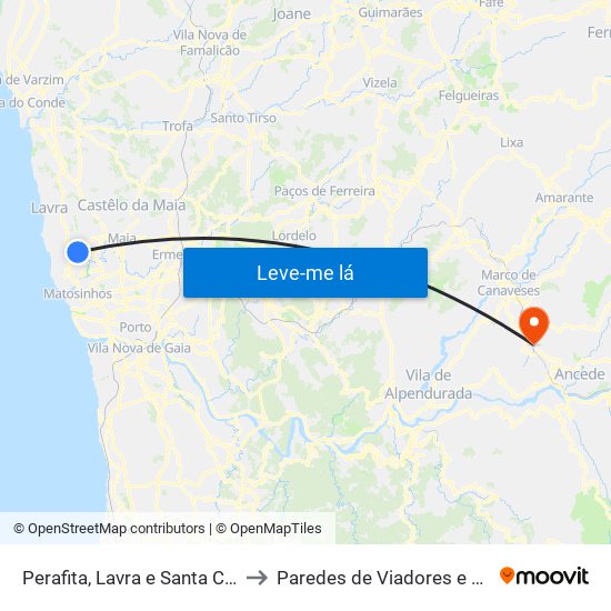 Perafita, Lavra e Santa Cruz do Bispo to Paredes de Viadores e Manhuncelos map