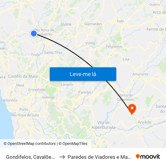 Gondifelos, Cavalões e Outiz to Paredes de Viadores e Manhuncelos map