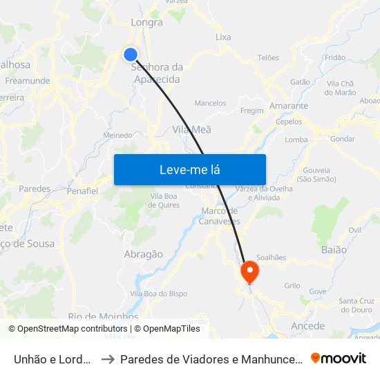 Unhão e Lordelo to Paredes de Viadores e Manhuncelos map