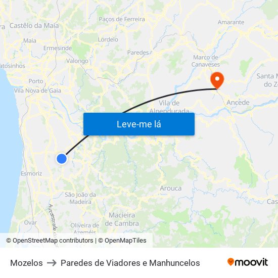 Mozelos to Paredes de Viadores e Manhuncelos map