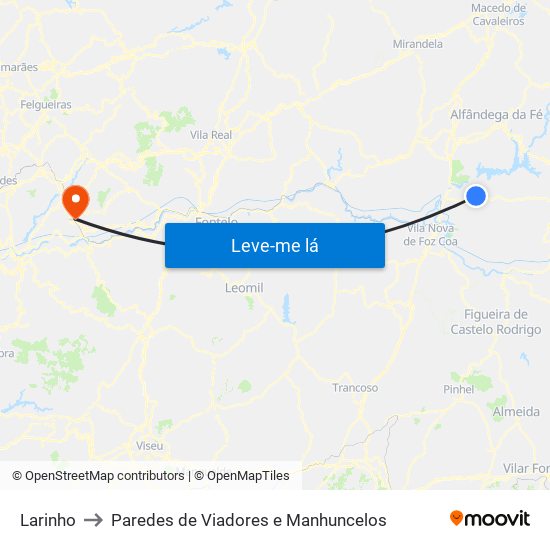 Larinho to Paredes de Viadores e Manhuncelos map