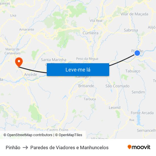 Pinhão to Paredes de Viadores e Manhuncelos map
