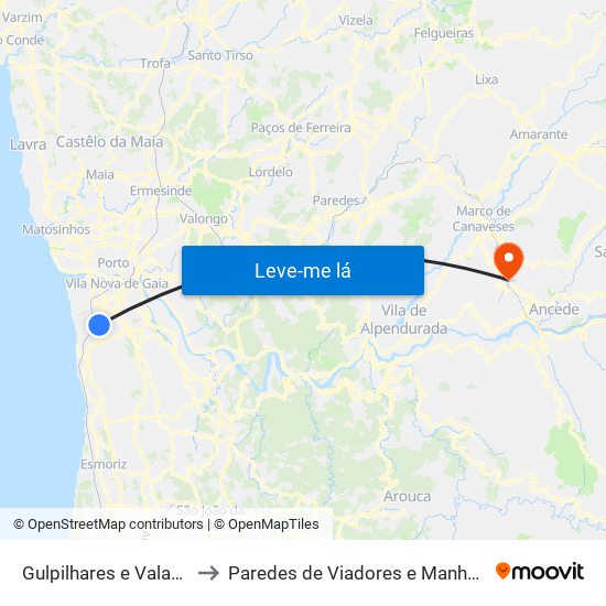 Gulpilhares e Valadares to Paredes de Viadores e Manhuncelos map