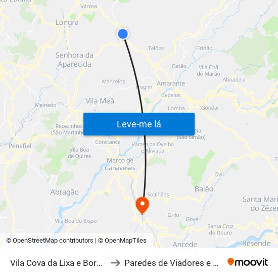 Vila Cova da Lixa e Borba de Godim to Paredes de Viadores e Manhuncelos map