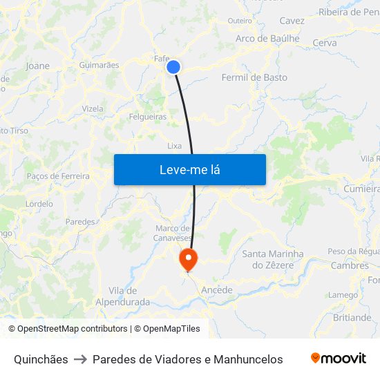 Quinchães to Paredes de Viadores e Manhuncelos map