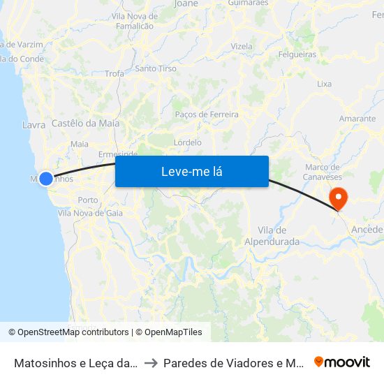 Matosinhos e Leça da Palmeira to Paredes de Viadores e Manhuncelos map