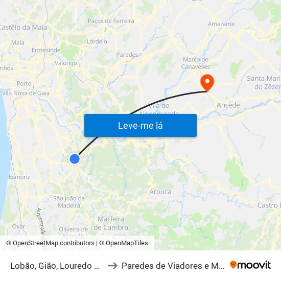Lobão, Gião, Louredo e Guisande to Paredes de Viadores e Manhuncelos map
