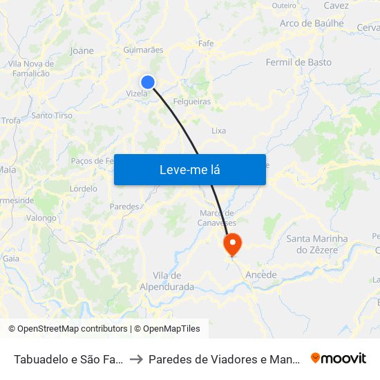 Tabuadelo e São Faustino to Paredes de Viadores e Manhuncelos map