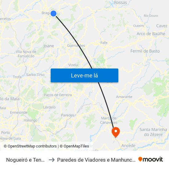 Nogueiró e Tenões to Paredes de Viadores e Manhuncelos map