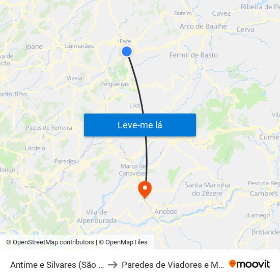 Antime e Silvares (São Clemente) to Paredes de Viadores e Manhuncelos map