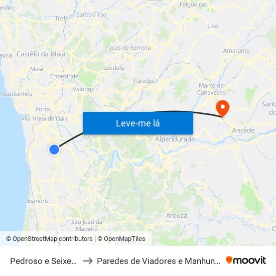 Pedroso e Seixezelo to Paredes de Viadores e Manhuncelos map