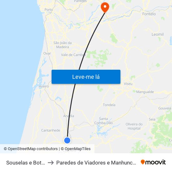 Souselas e Botão to Paredes de Viadores e Manhuncelos map