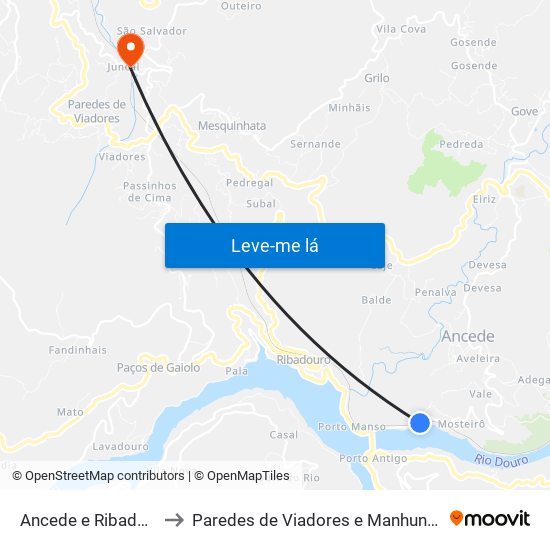 Ancede e Ribadouro to Paredes de Viadores e Manhuncelos map