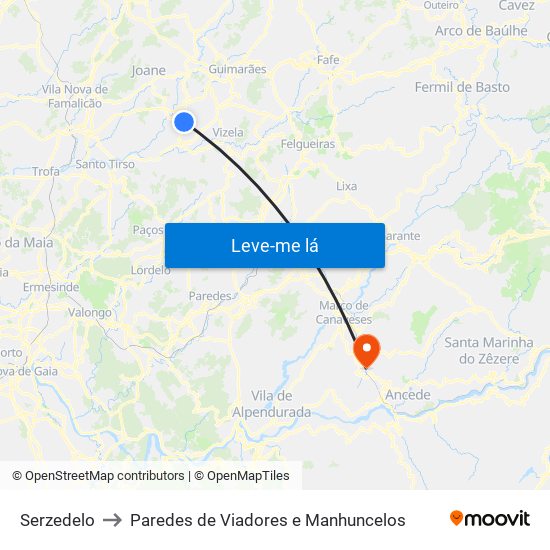 Serzedelo to Paredes de Viadores e Manhuncelos map