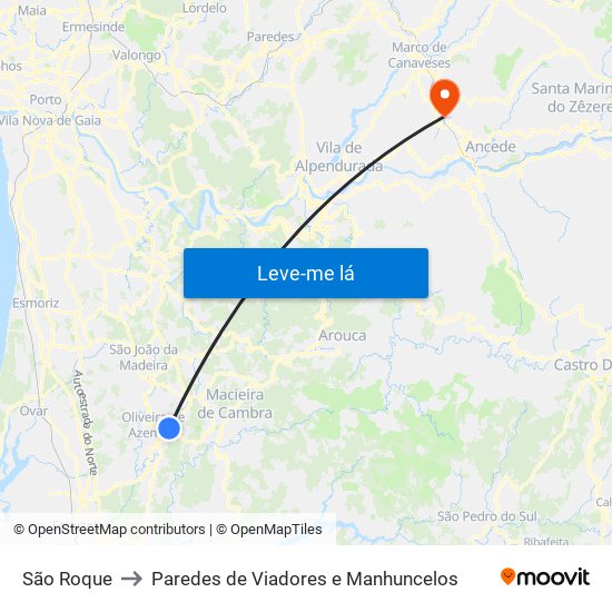 São Roque to Paredes de Viadores e Manhuncelos map