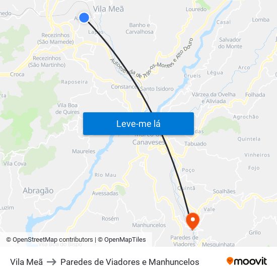 Vila Meã to Paredes de Viadores e Manhuncelos map