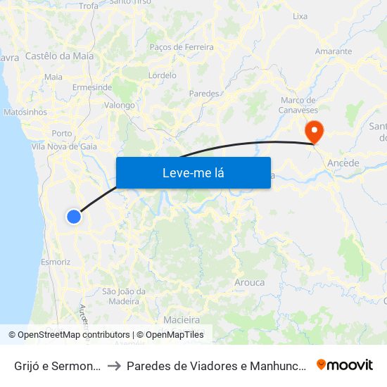 Grijó e Sermonde to Paredes de Viadores e Manhuncelos map