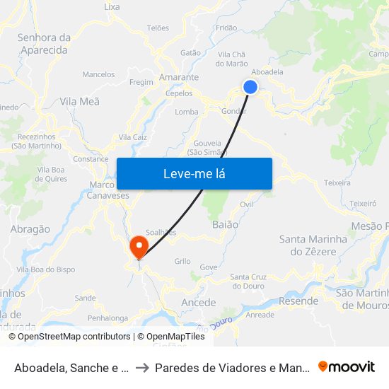 Aboadela, Sanche e Várzea to Paredes de Viadores e Manhuncelos map