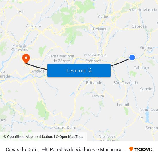 Covas do Douro to Paredes de Viadores e Manhuncelos map