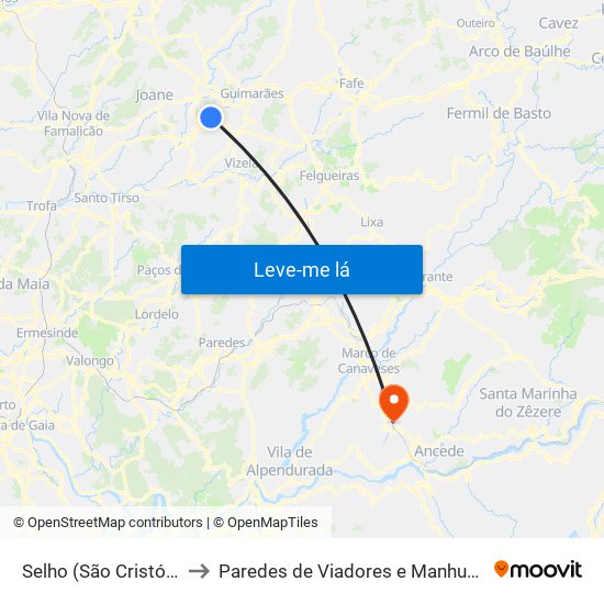 Selho (São Cristóvão) to Paredes de Viadores e Manhuncelos map