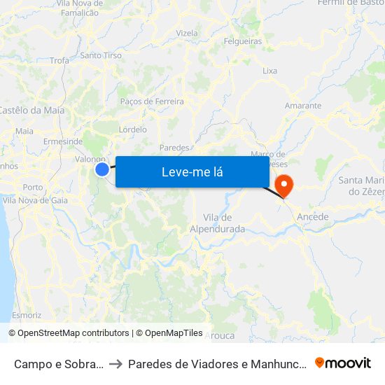 Campo e Sobrado to Paredes de Viadores e Manhuncelos map