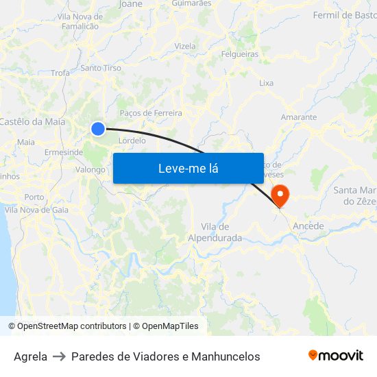 Agrela to Paredes de Viadores e Manhuncelos map