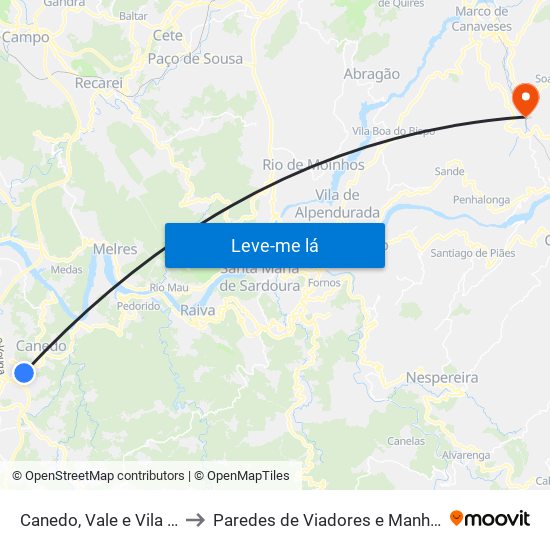 Canedo, Vale e Vila Maior to Paredes de Viadores e Manhuncelos map