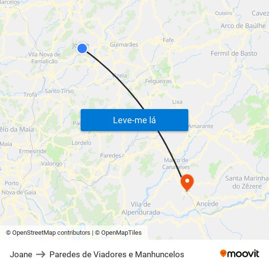 Joane to Paredes de Viadores e Manhuncelos map