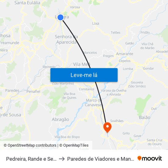 Pedreira, Rande e Sernande to Paredes de Viadores e Manhuncelos map