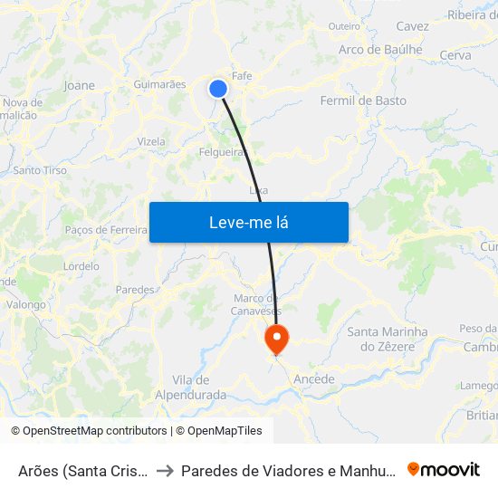 Arões (Santa Cristina) to Paredes de Viadores e Manhuncelos map