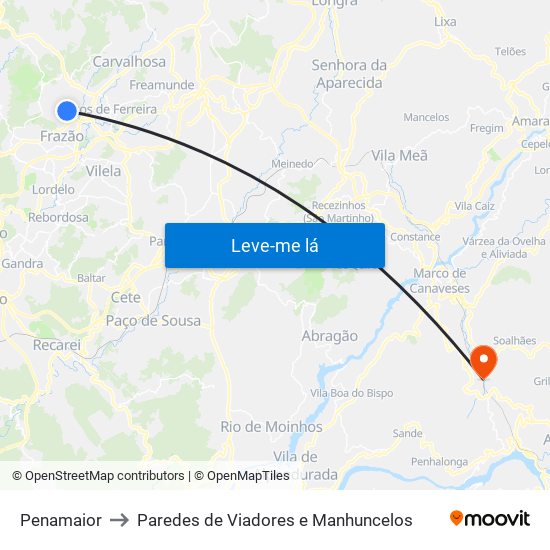 Penamaior to Paredes de Viadores e Manhuncelos map