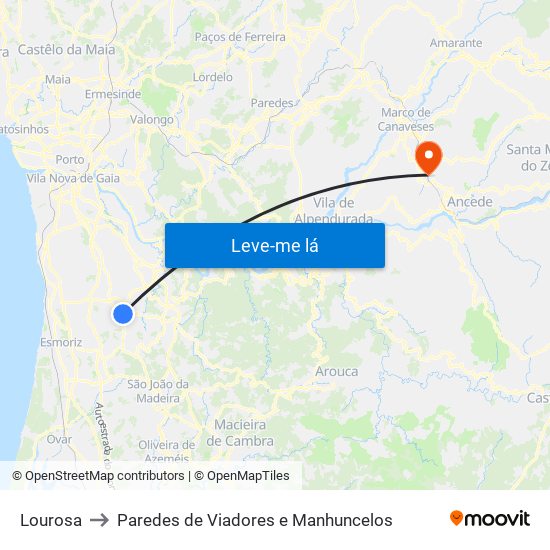 Lourosa to Paredes de Viadores e Manhuncelos map