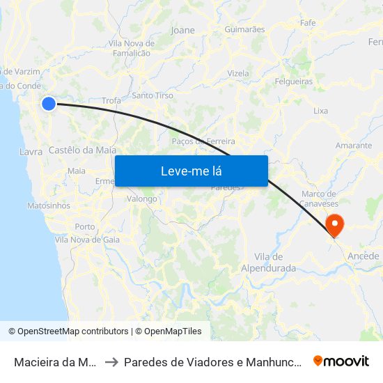 Macieira da Maia to Paredes de Viadores e Manhuncelos map