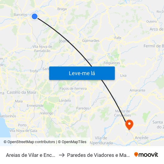 Areias de Vilar e Encourados to Paredes de Viadores e Manhuncelos map