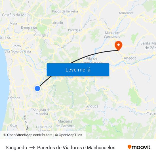 Sanguedo to Paredes de Viadores e Manhuncelos map