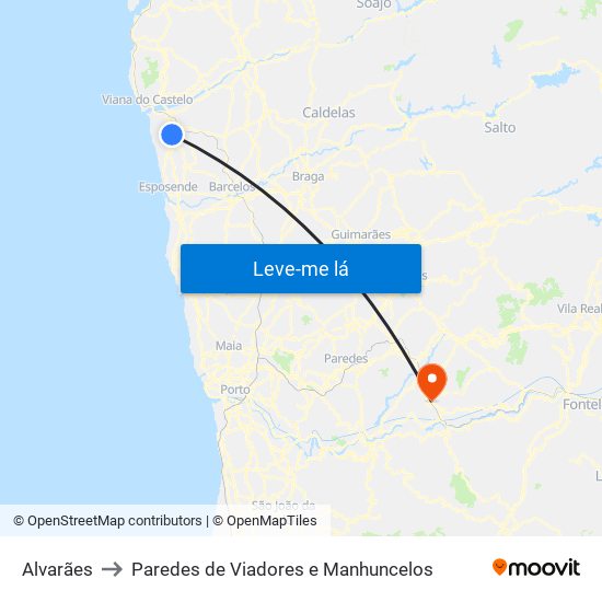 Alvarães to Paredes de Viadores e Manhuncelos map