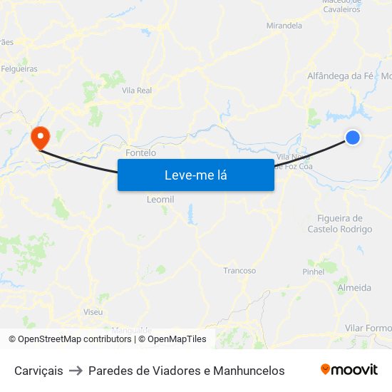 Carviçais to Paredes de Viadores e Manhuncelos map