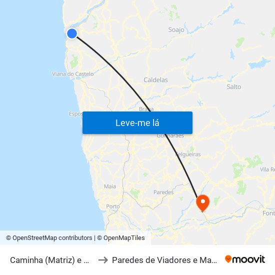 Caminha (Matriz) e Vilarelho to Paredes de Viadores e Manhuncelos map