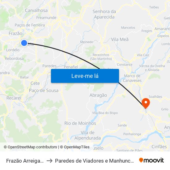 Frazão Arreigada to Paredes de Viadores e Manhuncelos map