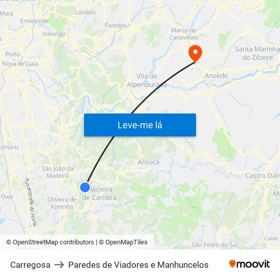 Carregosa to Paredes de Viadores e Manhuncelos map