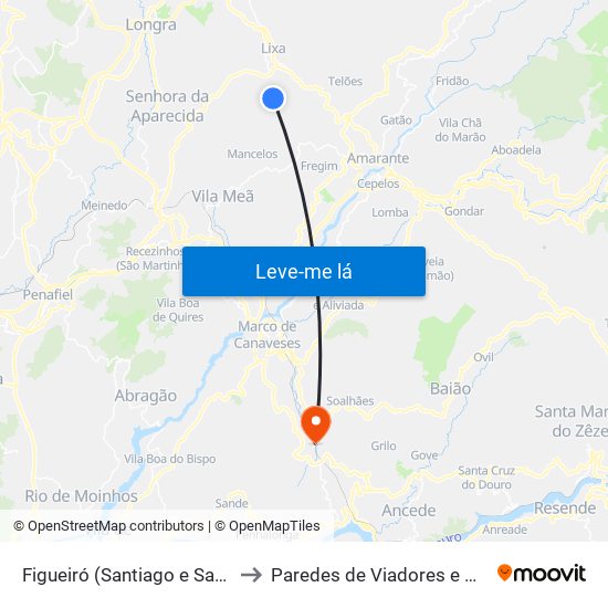 Figueiró (Santiago e Santa Cristina) to Paredes de Viadores e Manhuncelos map