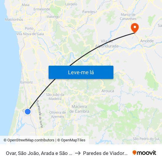 Ovar, São João, Arada e São Vicente de Pereira Jusã to Paredes de Viadores e Manhuncelos map